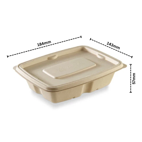 Biodegradable Bagasse Takeaway Rectangular Container With LID 750Ml - Image 2
