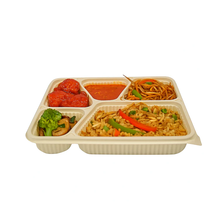 5 Compartment Cornstarch Meal Box Tray With Lid - Image 4