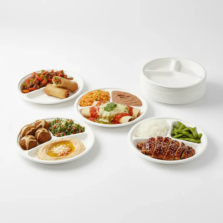 Bagasse Round Disposable 3 CP Plate 10 inch - Image 2